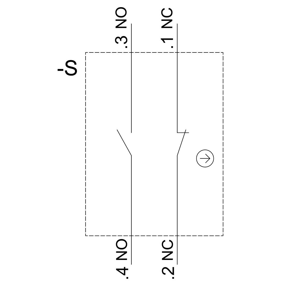 Ein einfaches elektrisches Schaltbild mit zwei Öffnerkontakten (NC) und zwei Schließerkontakten (NO), dargestellt durch Symbole und Verbindungen.