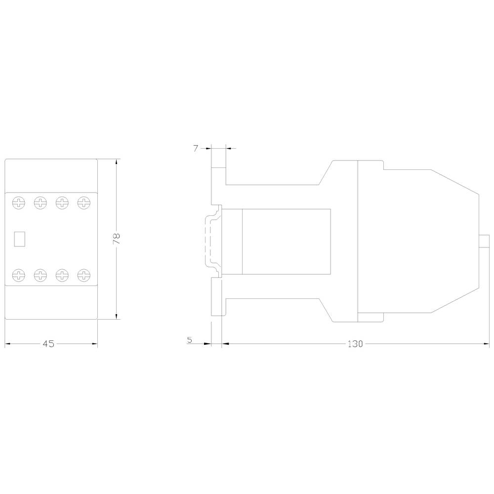 Zeichnung eines elektrischen Steckverbinders mit seitlichen und frontalen Ansichten. Maße: Breite 45 mm, Höhe 78 mm, Länge 130 mm.