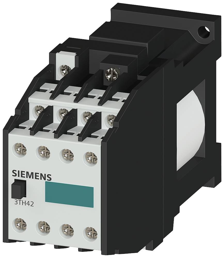 Schwarzer Siemens-Schütz Typ 3TH42 mit mehreren Schraubanschlüssen und seitlichem Aufkleber, typischerweise für elektrische Steuerungen.