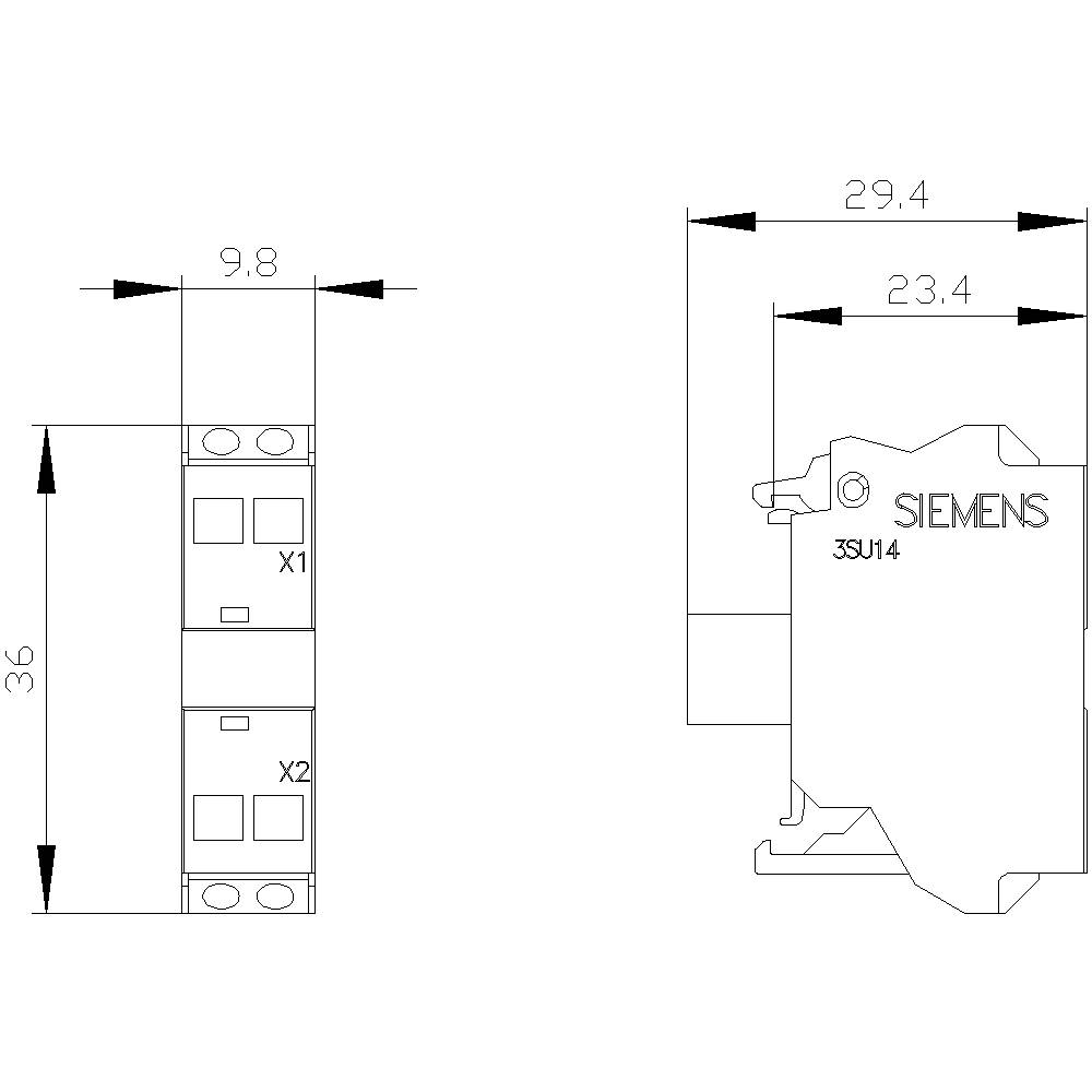 Eine technische Zeichnung eines elektrischen Bauteils von Siemens mit den Abmessungen 36x9,8 und der Beschriftung '3SU14'.