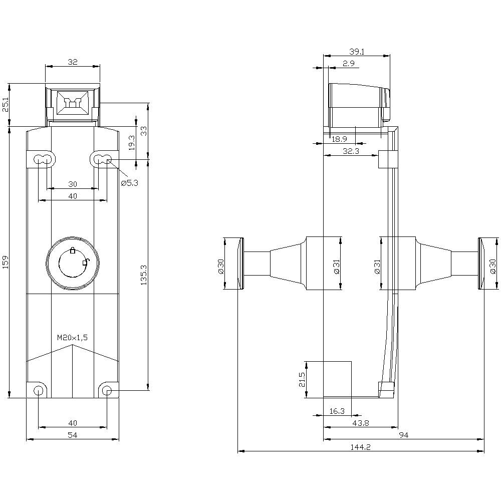 Technische Zeichnung eines Ventils mit Abmessungen. Linke Ansicht zeigt Vorderansicht mit Details, rechte Ansicht die Seitenansicht. Maße und Gewindegrößen sind verzeichnet.