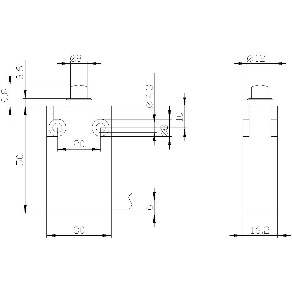 Technische Zeichnung eines mechanischen Bauteils mit Bemaßungen: Höhe 50 mm, Breite 30 mm. Details wie Durchmesser und Abstände gezeigt.