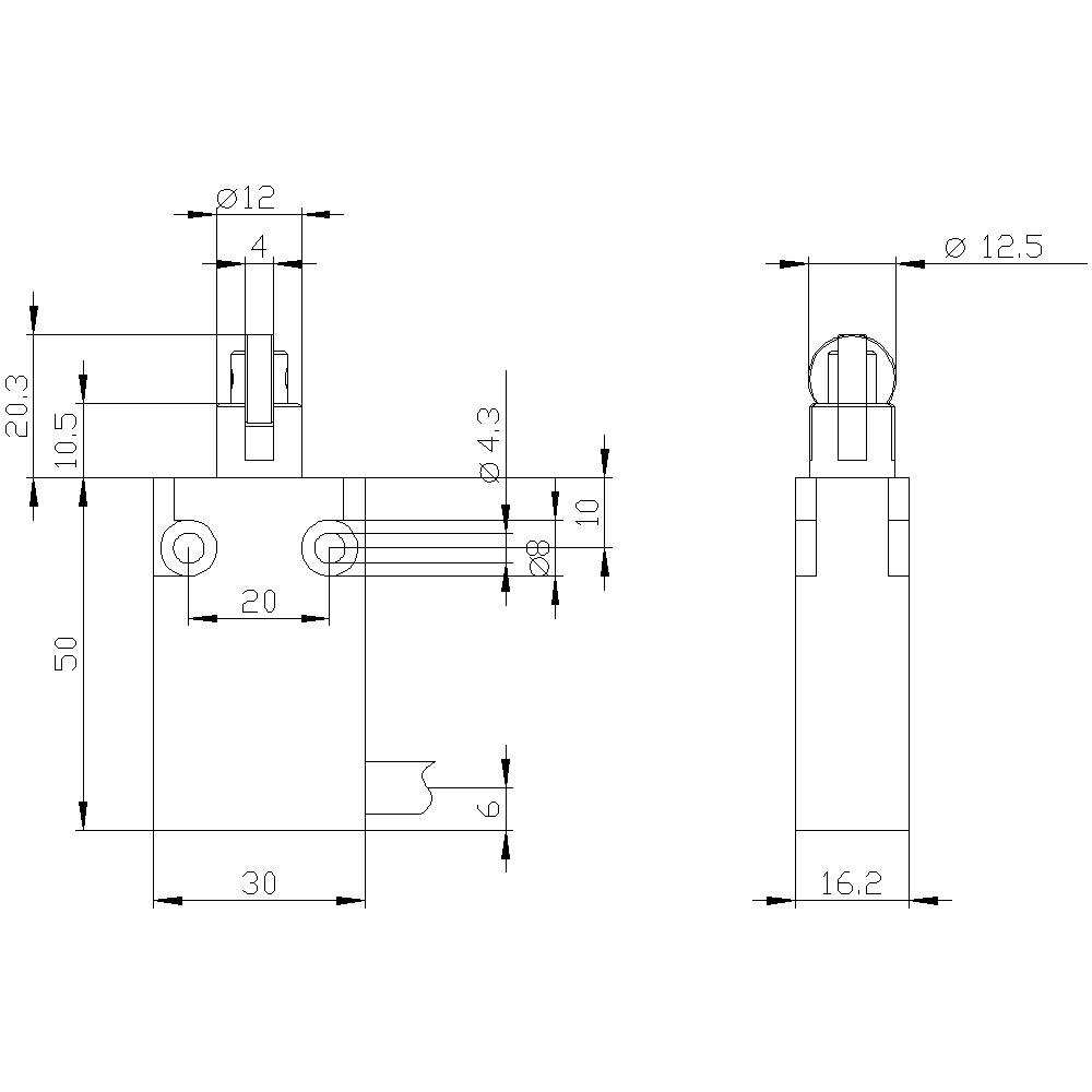 Technische Zeichnung eines Maschinenteils mit Bemaßungen. Front- und Seitenansicht zeigen verschiedene Durchmesser und Abstände.