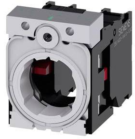 Eine schwarze und silberne elektrische Komponente von Siemens, vermutlich ein Schaltergehäuse, mit einem zentralen runden Öffnungsmechanismus.