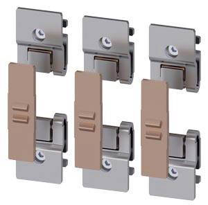 Dreifache Metallklemmen, jede bestehend aus silbernem und kupferfarbenem Teil, möglicherweise zur elektrischen Verbindung oder Befestigung.