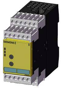 Ein Siemens-Sicherheitsrelais-Modul mit gelbem Gehäuse und mehreren Anschlussklemmen, das zur elektrischen Sicherheitsüberwachung dient.