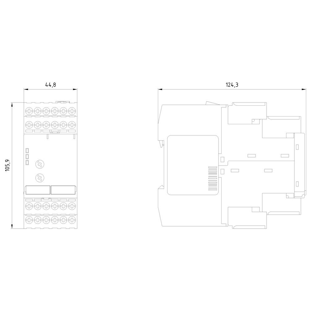 Technische Zeichnung eines rechteckigen Geräts mit Maßen 115,9 x 44,8 x 124,3 mm. Es zeigt detaillierte Ansichten von oben und der Seite.