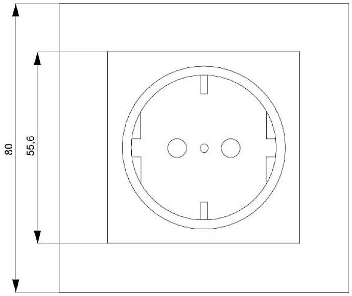 Technische Zeichnung einer Schuko-Steckdose mit Abmessungen; rechter Winkel von 80 mm und mittlerer Abstand von 55,6 mm.