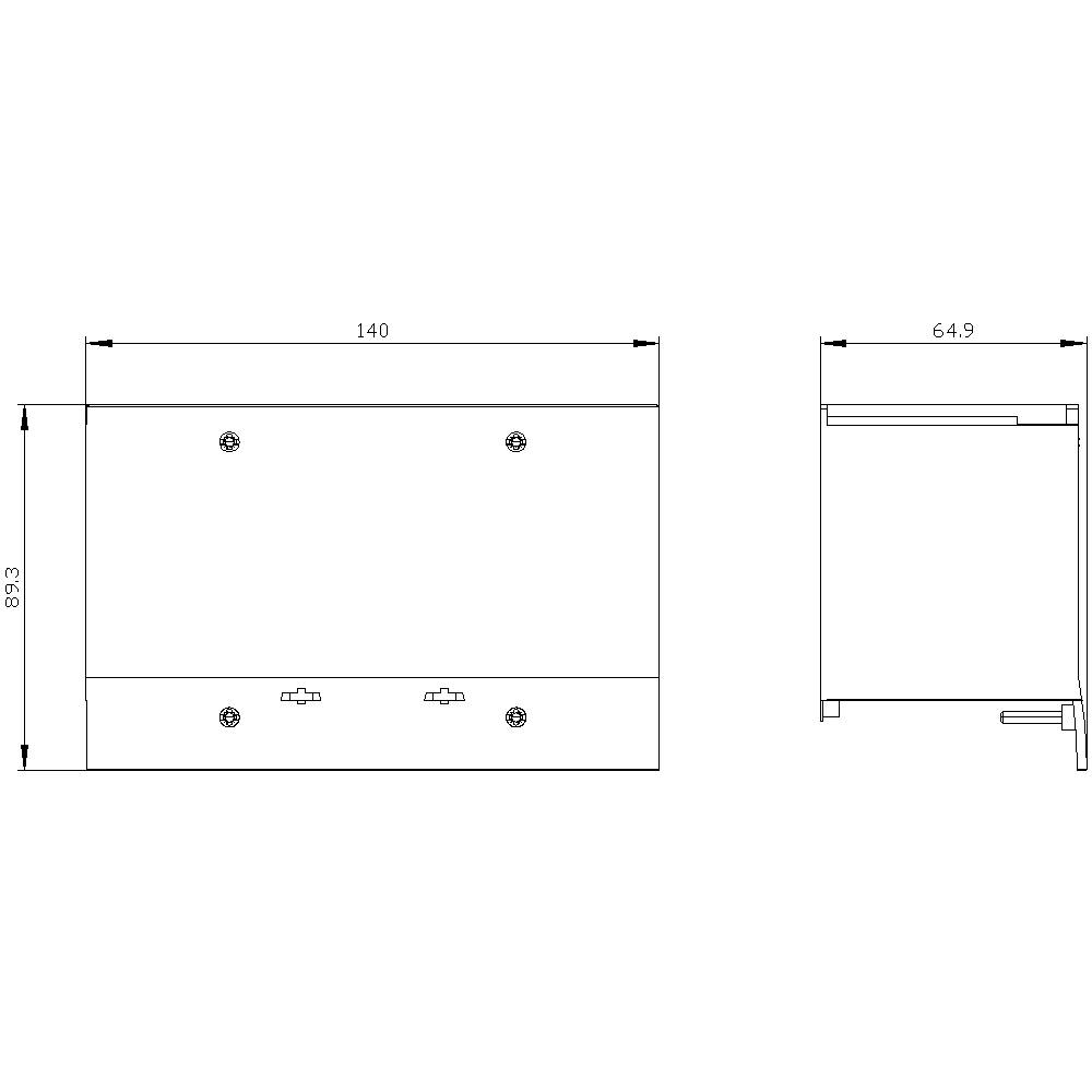 Technische Zeichnung eines rechteckigen Kastens mit Bemaßungen: Breite 140 mm, Tiefe 64,9 mm, Höhe 83,3 mm. Vorder- und Seitenansicht.