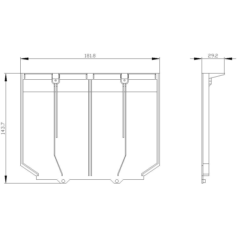 Technische Zeichnung eines rechteckigen Behälters mit Maßen: Breite 181,8 mm, Höhe 143,7 mm, Tiefe 29,2 mm. Vorder- und Seitenansicht.