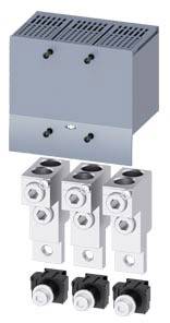 Ein elektrischer Schaltschrank mit fünf Kabelklemmen und drei Sicherungshalterungen darunter, geeignet für industrielle Anwendungen.