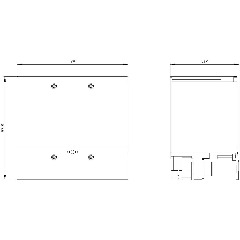 Technische Zeichnung eines rechteckigen Geräts mit Maßen: Breite 105 mm, Höhe 97,8 mm, Tiefe 64,9 mm. Schraubenlöcher sichtbar.