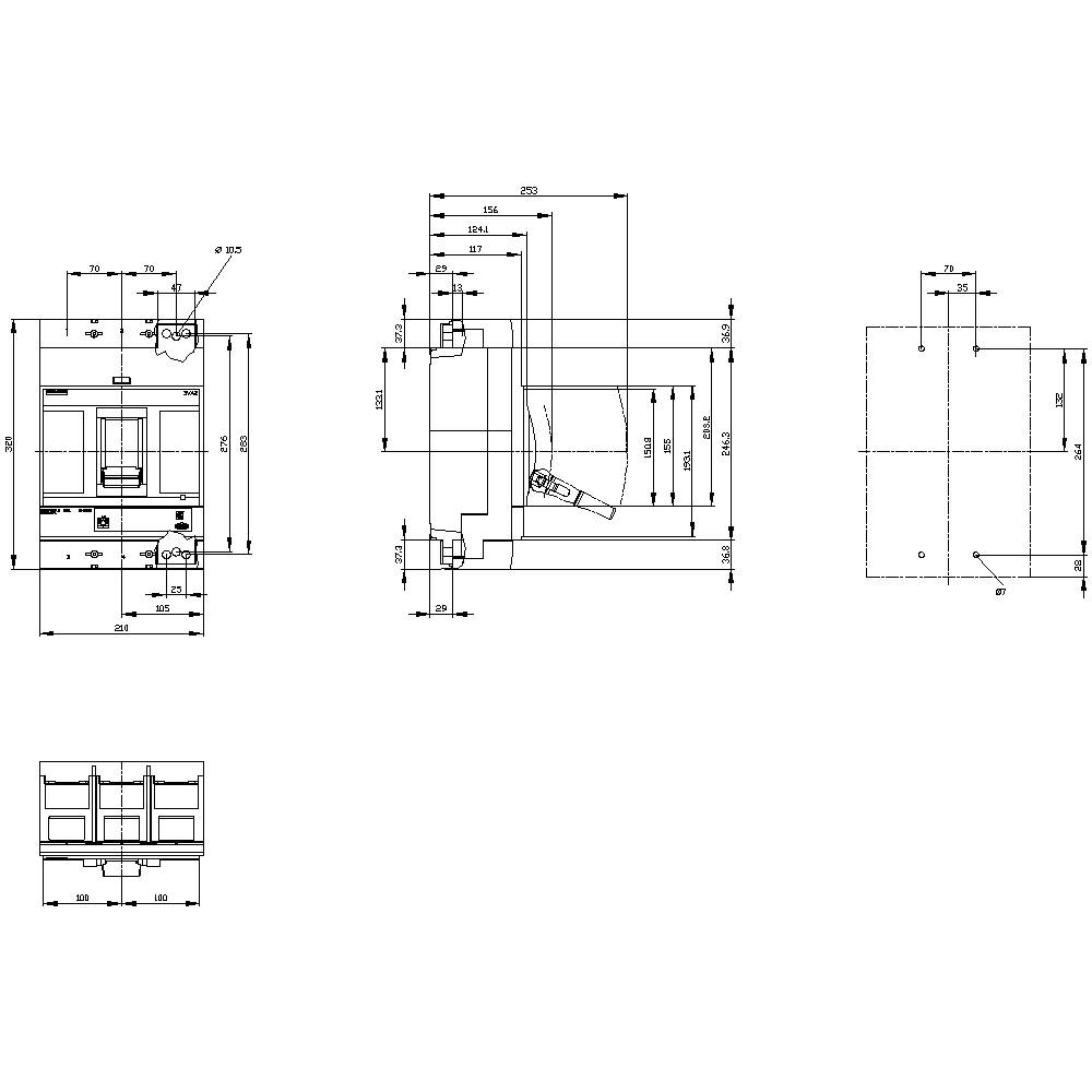 Technische Zeichnung eines Bauteils mit mehreren Ansichten und Maßen, zeigt die Präzision und Details der Konstruktion.