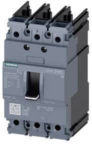 Elektrischer Leistungsschalter mit drei Phasen und Ein-Aus-Schalter. Siemens-Marke, grau, vertikal montiert, technische Daten darauf.