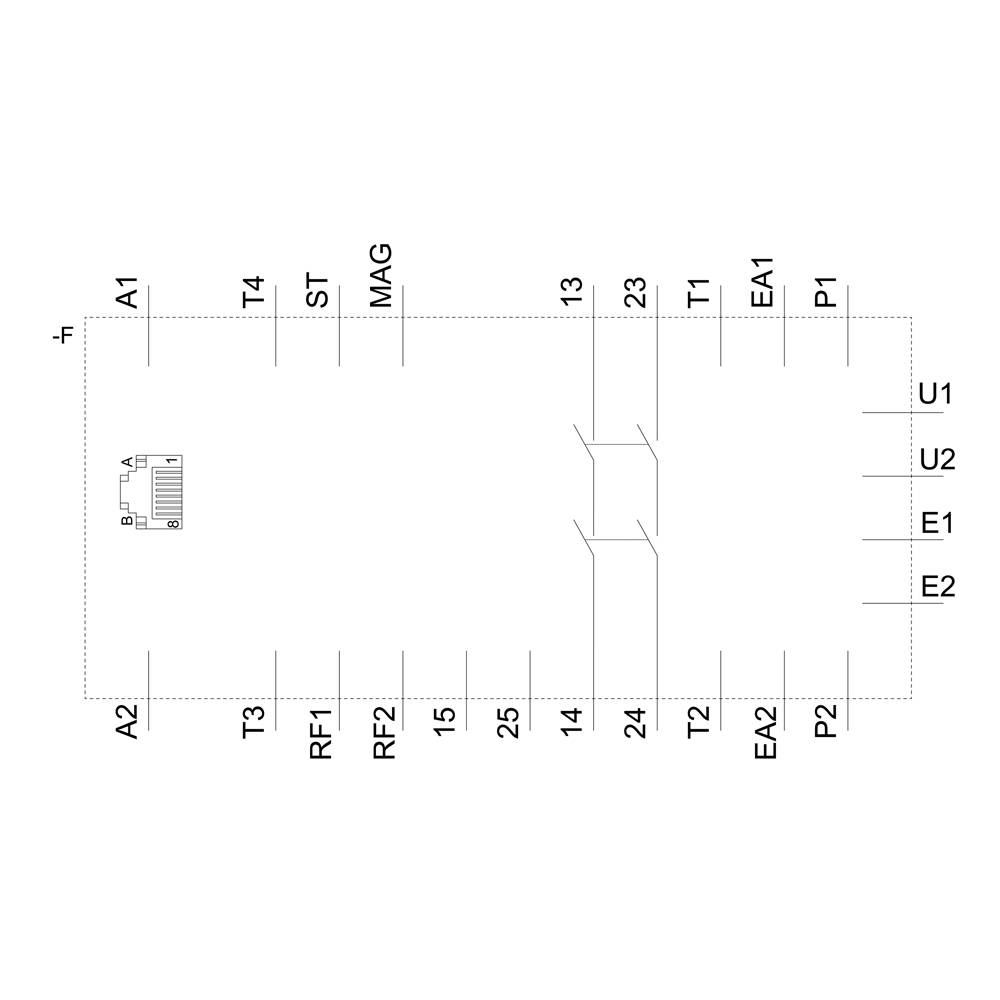 Technische Zeichnung einer elektronischen Schaltung mit IC-Bauteil und verschiedenen Anschlüssen, beschriftet mit T1, T2 und anderen Klemmen.