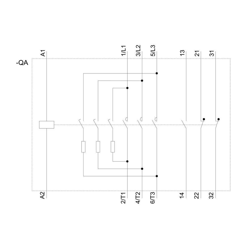 Elektrischer Schaltplan mit Verbindungen zwischen Anschlüssen A1, A2, L1, L2, L3 und Punkten 2T1 bis 6T3. Zeigt Schaltkreisanordnung.