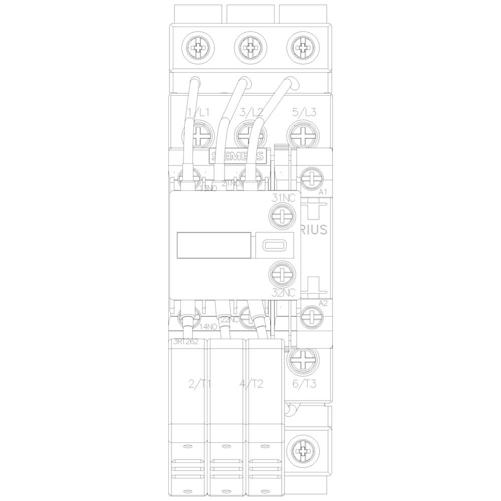 Ein Schaltplan eines elektrischen Schützes zeigt Anschlussklemmen, Schalter und Verdrahtungswege für die Steuerung von Strom.