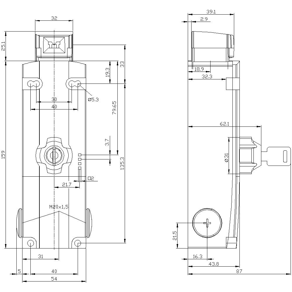 Technische Zeichnung eines Bauteils mit Bemaßungen in Millimetern. Zeigt Vorder- und Seitenansicht mit verschiedenen Abständen und Gewinden.