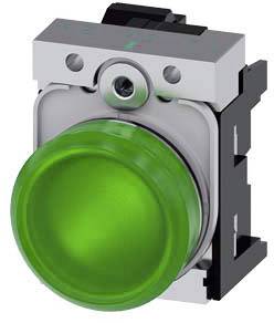 Ein grüner Drucktaster mit einem metallischen Rahmen, typisch für industrielle Anwendungen zur Steuerung oder Sicherheit.