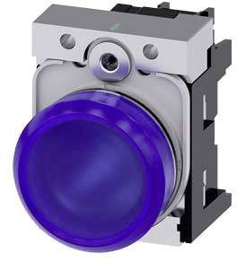 Ein blauer Druckknopf mit silbernem Rahmen und schwarzer Halterung, oft in Maschinensteuerungspanels verwendet.