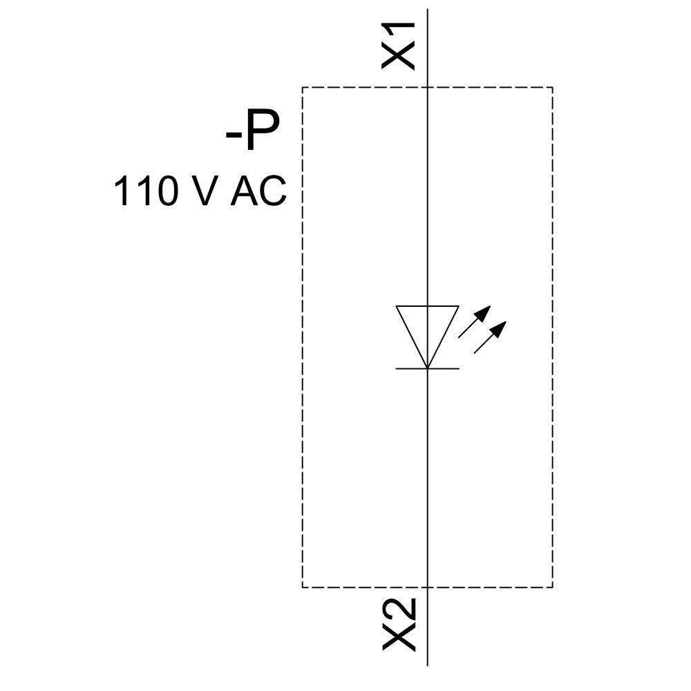 Schaltsymbol einer Diode im Rechteck. '110 V AC' wird links angezeigt. Linien mit Beschriftung 'X1' oben und 'X2' unten.