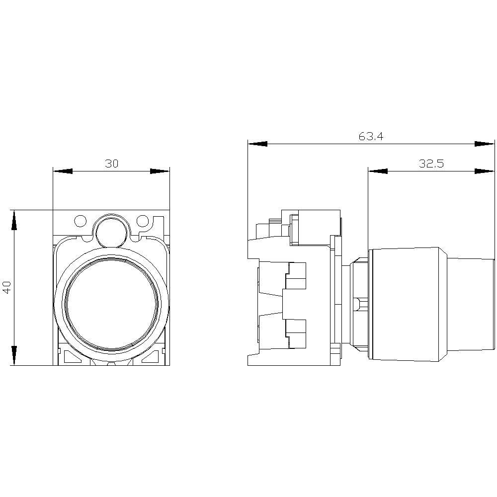 Technische Zeichnung eines mechanischen Bauteils mit Abmessungen: 40x30 mm vorne, 63,4 mm tief. Zeigt Längs- und Querschnitt.