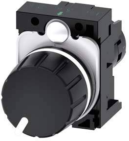 Schwarzer Drehschalter mit geriffeltem Griff, montiert auf einer schwarzen Basis. Geeignet für industrielle Steuerungssysteme.