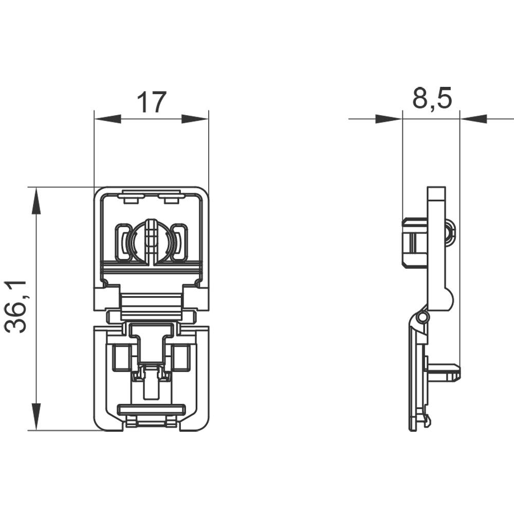 Technische Zeichnung eines elektrischen Steckverbinders mit den Maßen 36,1 mm Höhe, 17 mm Breite und 8,5 mm Tiefe in Seitenansicht.
