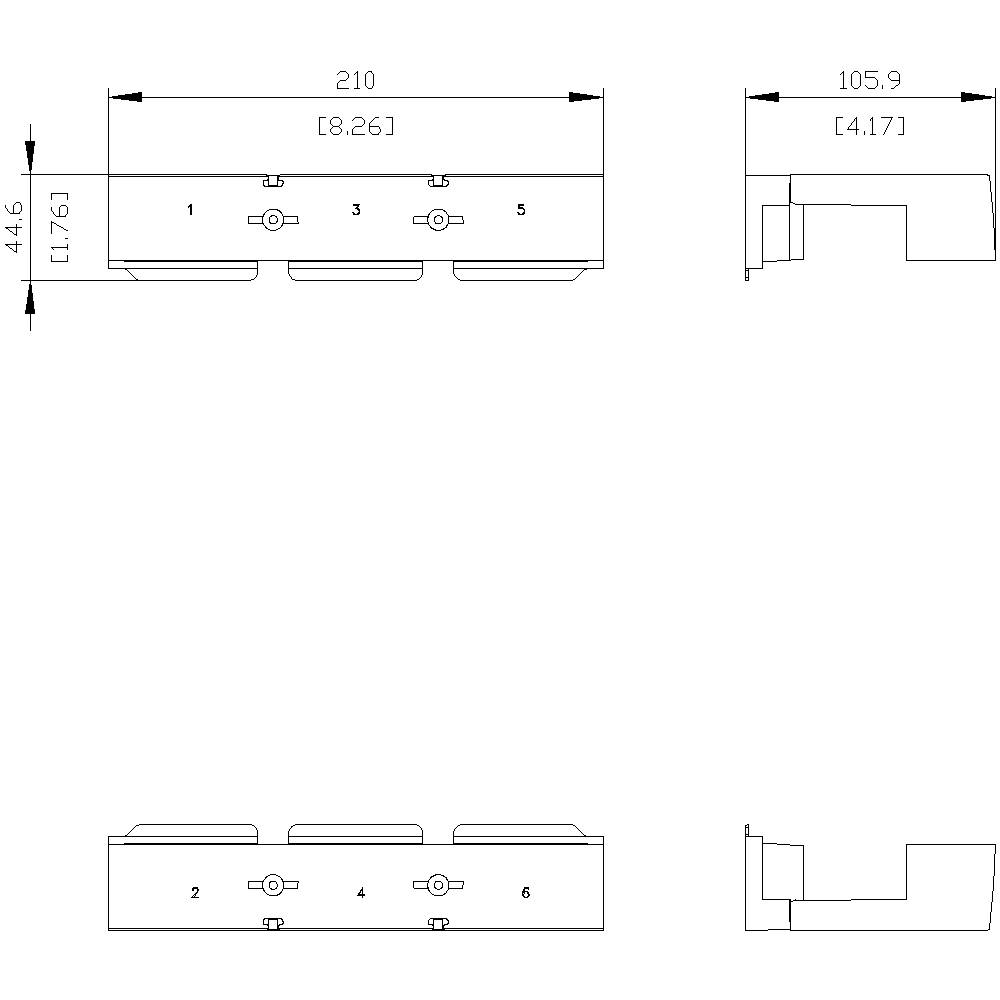 Technische Zeichnung eines Bauteils mit Bemaßungen: 210 x 105,9 mm. Seitenansichten zeigen Anschlusslöcher und Höhenprofile.