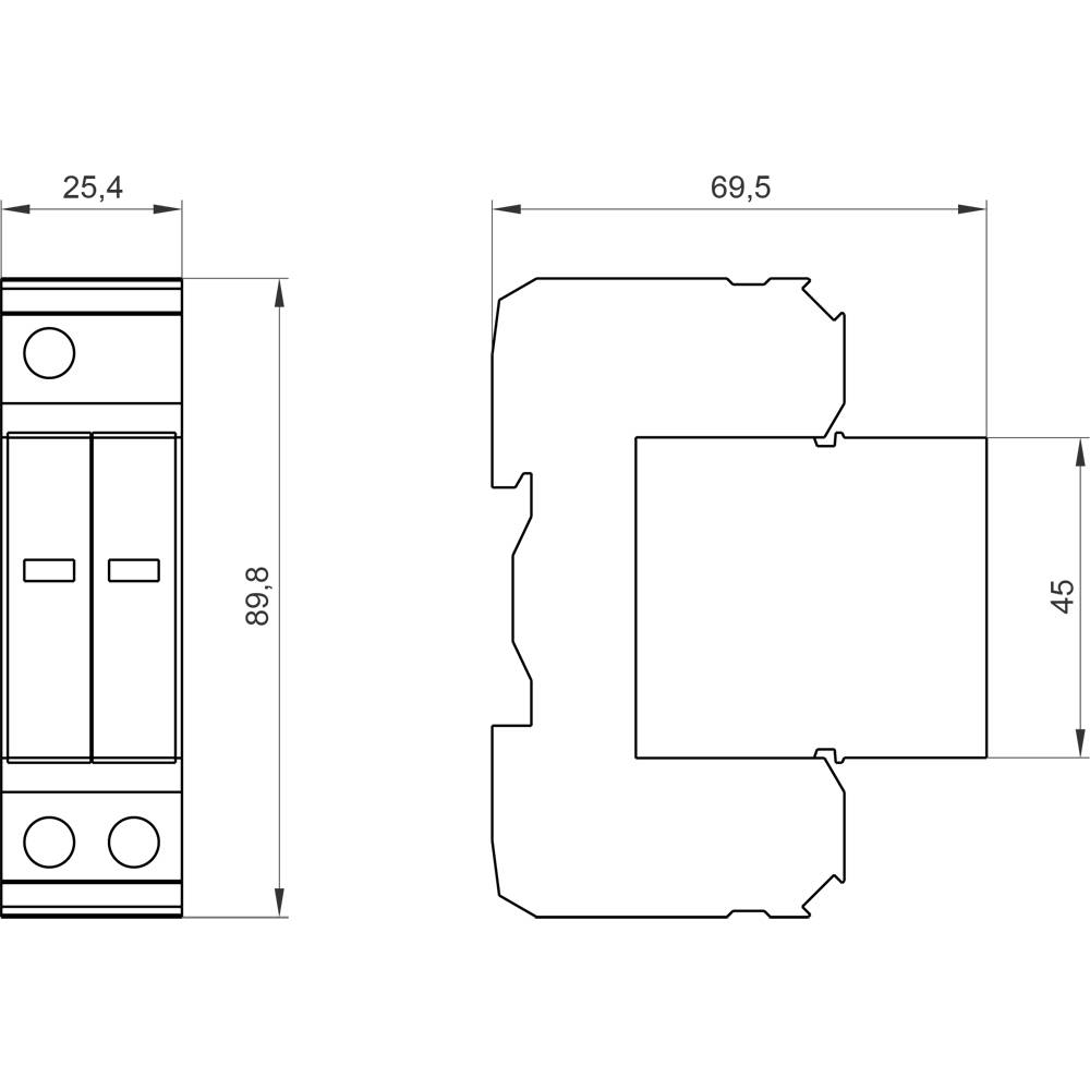 Technische Zeichnung eines Bauteils mit zwei Ansichten. Maße sind 25,4 mm, 69,5 mm, 89,8 mm und 45 mm. Zeigt Form und Dimensionen.