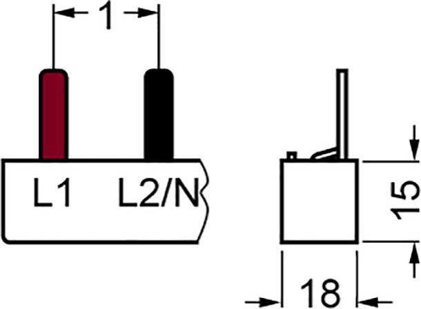 Schaltschema zeigt zwei Klemmen: L1 (rot) und L2/N (schwarz). Maße: Höhe 15 mm, Breite 18 mm, Abstand zwischen Klemmen 1 mm.