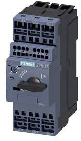 Ein Motorstarter von Siemens der Serie Sirius, zeigt mehrere Anschlüsse und einen Hauptschalter mit den Positionen 'I' und 'O'.