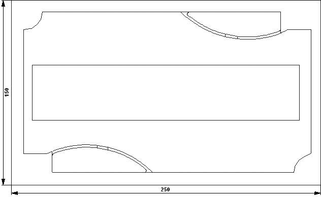 Zeichnung eines rechteckigen Bauteils mit abgerundeten Ecken, das 250 Einheiten lang und 150 Einheiten breit ist.