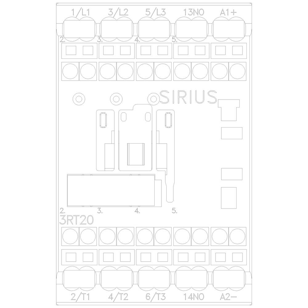 Schaltplan eines Siemens 3RT20 Schützes mit Anschlüssen oben und unten, Beschriftung der Anschlussklemmen für Stromkreise.