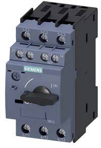 Ein elektrischer Schalter von Siemens in einer seitlichen Ansicht. Der Schalter zeigt 'ON' und hat mehrere Schraubverbindungen oben.