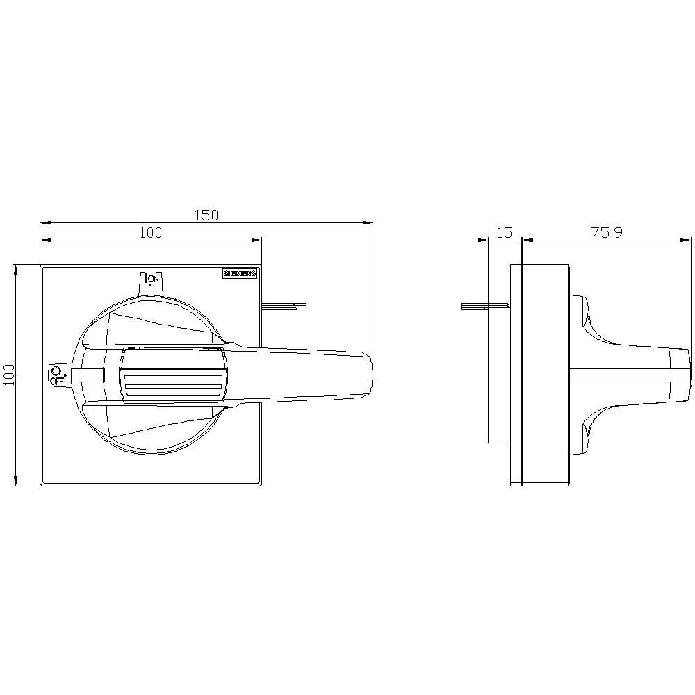 Technische Zeichnung eines Schalters mit Abmessungen: 150x100 mm, seitliche Tiefe 75,9 mm. Zeigt Vorder- und Seitenansicht.