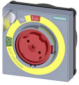 'Not-Aus' Schalter von Siemens mit rotem Knopf und gelbem Ring. Markierungen: 'TRIP', 'ON', 'OFF', 'RESET OPEN DOOR'.