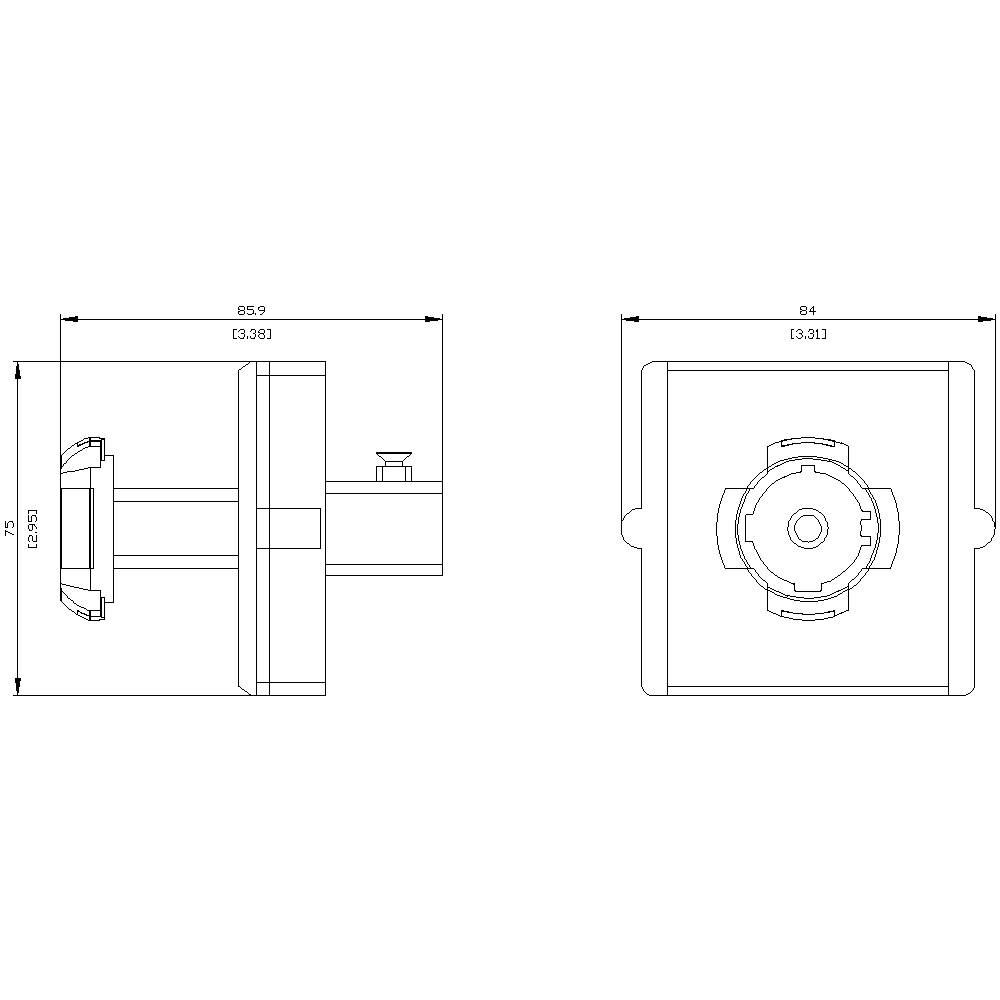 Technische Zeichnung eines Bauteils mit zwei Ansichten. Links: Seitenansicht zeigt Abmessungen, rechts: Draufsicht mit detaillierter Mittenstruktur.