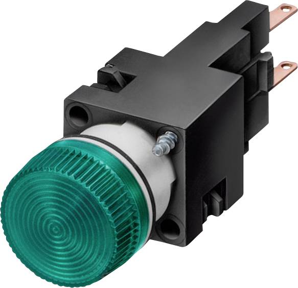 Grüner Rundtaster mit schwarzer Basis und silbernen Anschlüssen. Verwendet zur Steuerung von Maschinen oder elektrischen Geräten.