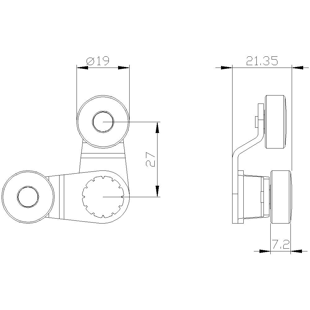 Technische Zeichnung eines Bauteils mit Maßen: Durchmesser 19, Höhe 27, Breite 21,35, Tiefe 7,2. Seiten- und Vorderansicht.