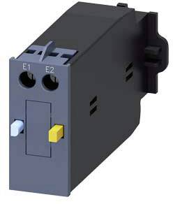 Elektrisches Bauteil mit zwei Anschlüssen, E1 und E2, und farbigen Schaltern, blau und gelb, seitlich.