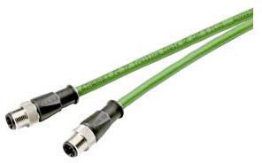 Zwei grüne M12-Steckverbinder mit schwarzem Kunststoffgehäuse und Metallkomponenten, verwendet für industrielle Sensorkabel.