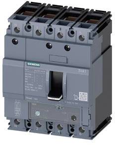 Ein Siemens-Leistungsschalter in grau. Das Gerät hat mehrere Anschlusspunkte und einen zentral platzierten Kippschalter für Steuerung.