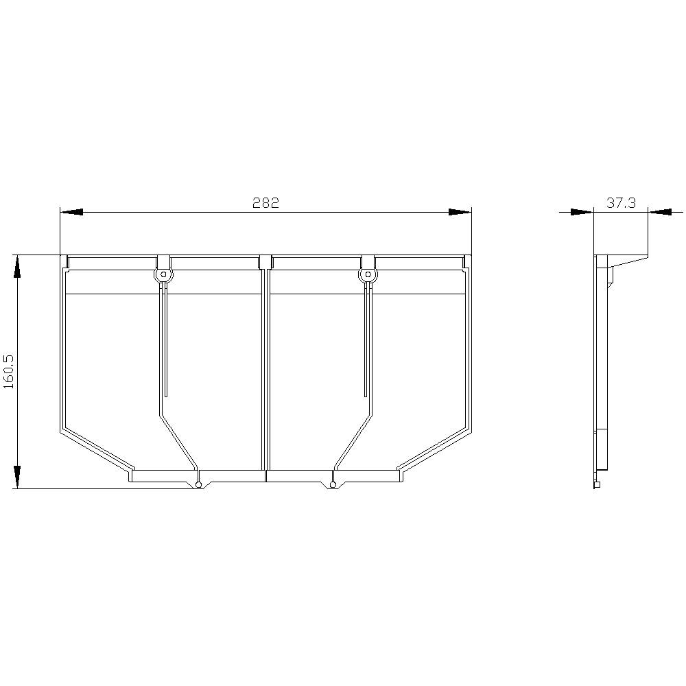 Technische Zeichnung eines Containers mit Abmessungen: Breite 282 cm, Höhe 160,5 cm, Tiefe 37,3 cm. Seiten- und Vorderansicht.