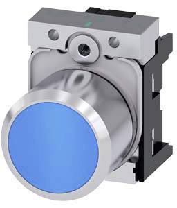 Silberner Druckknopf mit blauem, rundem Kopf. Wird häufig in Kontrolltafeln verwendet.