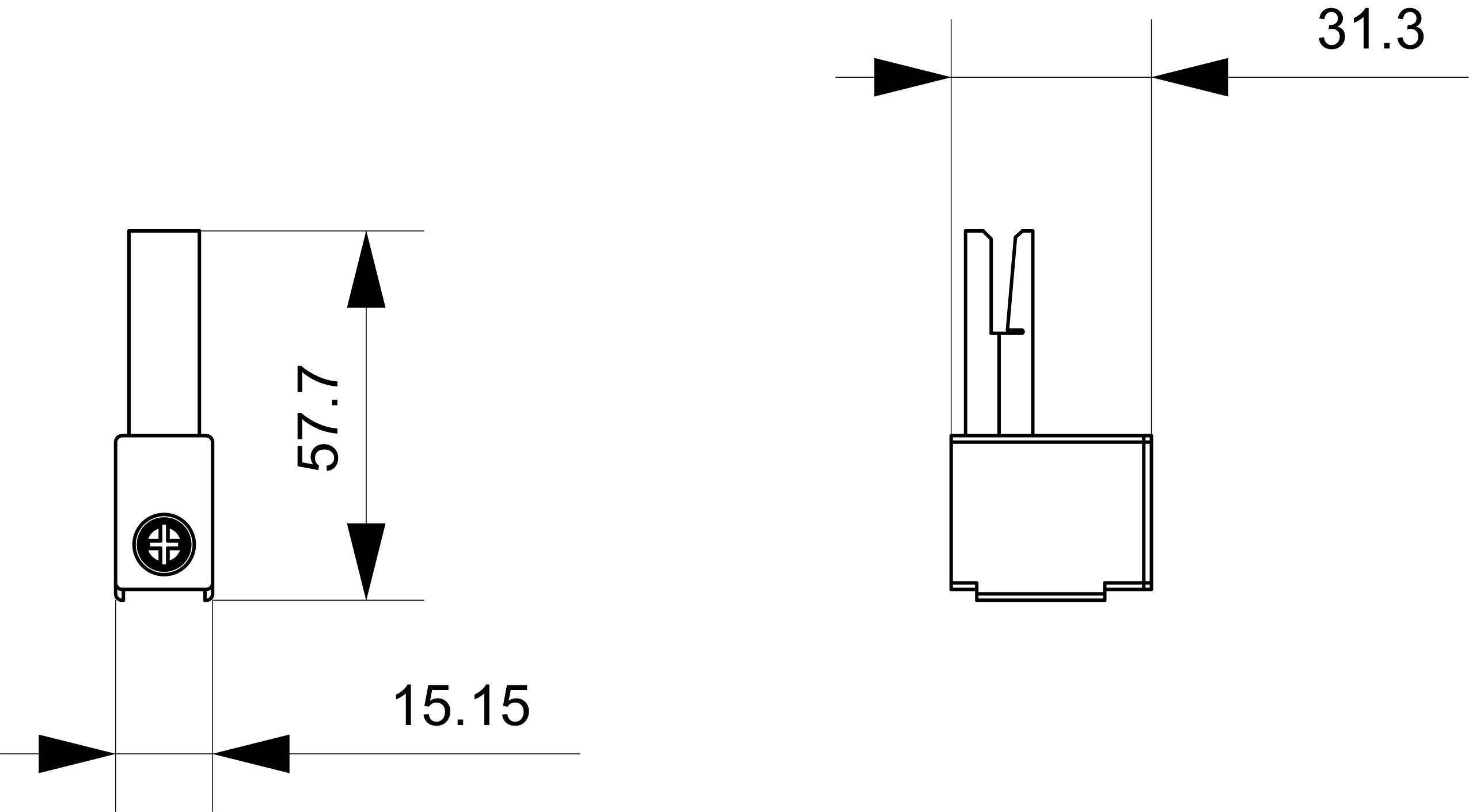 Technische Zeichnung eines Bauteils mit Maßen: Höhe 57,7 mm, Breite 15,15 mm, Tiefe 31,3 mm. Enthält Schraubenloch oben links.