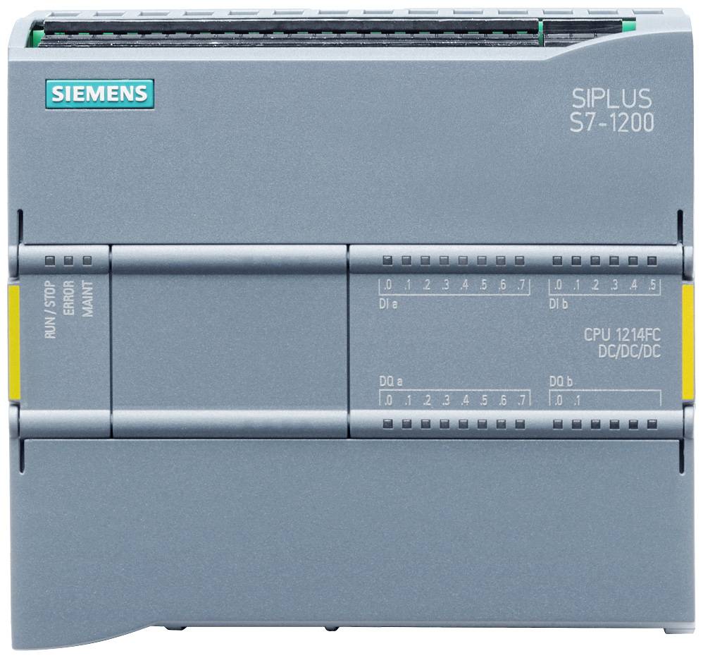 Eine Siemens SIPLUS S7-1200 speicherprogrammierbare Steuerung (SPS) mit verschiedenen Eingabe-/Ausgabeanschlüssen, graues Gehäuse.