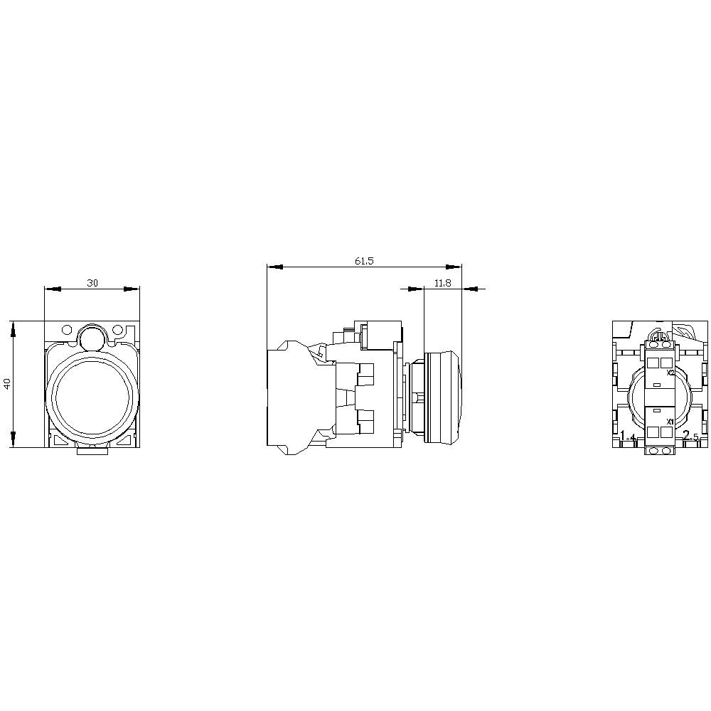 Technische Zeichnung eines Schalters mit Front-, Seiten- und Draufsicht. Zeigt Abmessungen: 40x30mm vorne, 61,5mm Länge seitlich, 11,8mm Tiefe.