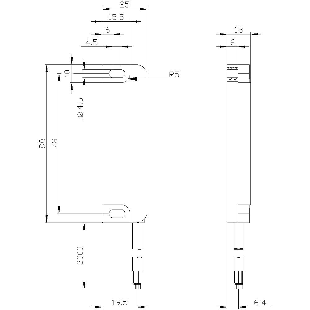 Technische Zeichnung eines rechteckigen Bauteils mit Maßen: 88x19,5x6,4 mm. Seiten- und Draufsicht mit Detailmaßen.