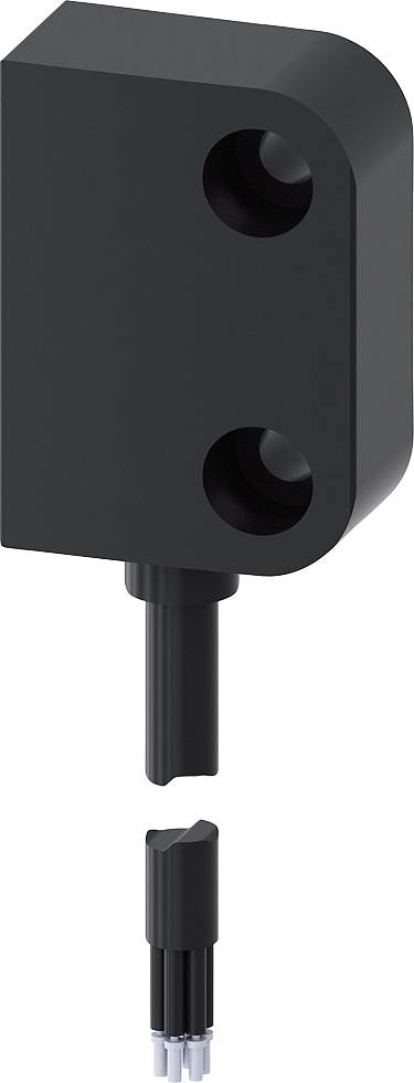 Ein rechteckiger schwarzer Sensor mit zwei runden Auslassungen und einem Kabelanschluss unten. Hauptsächlich für industrielle Anwendungen.